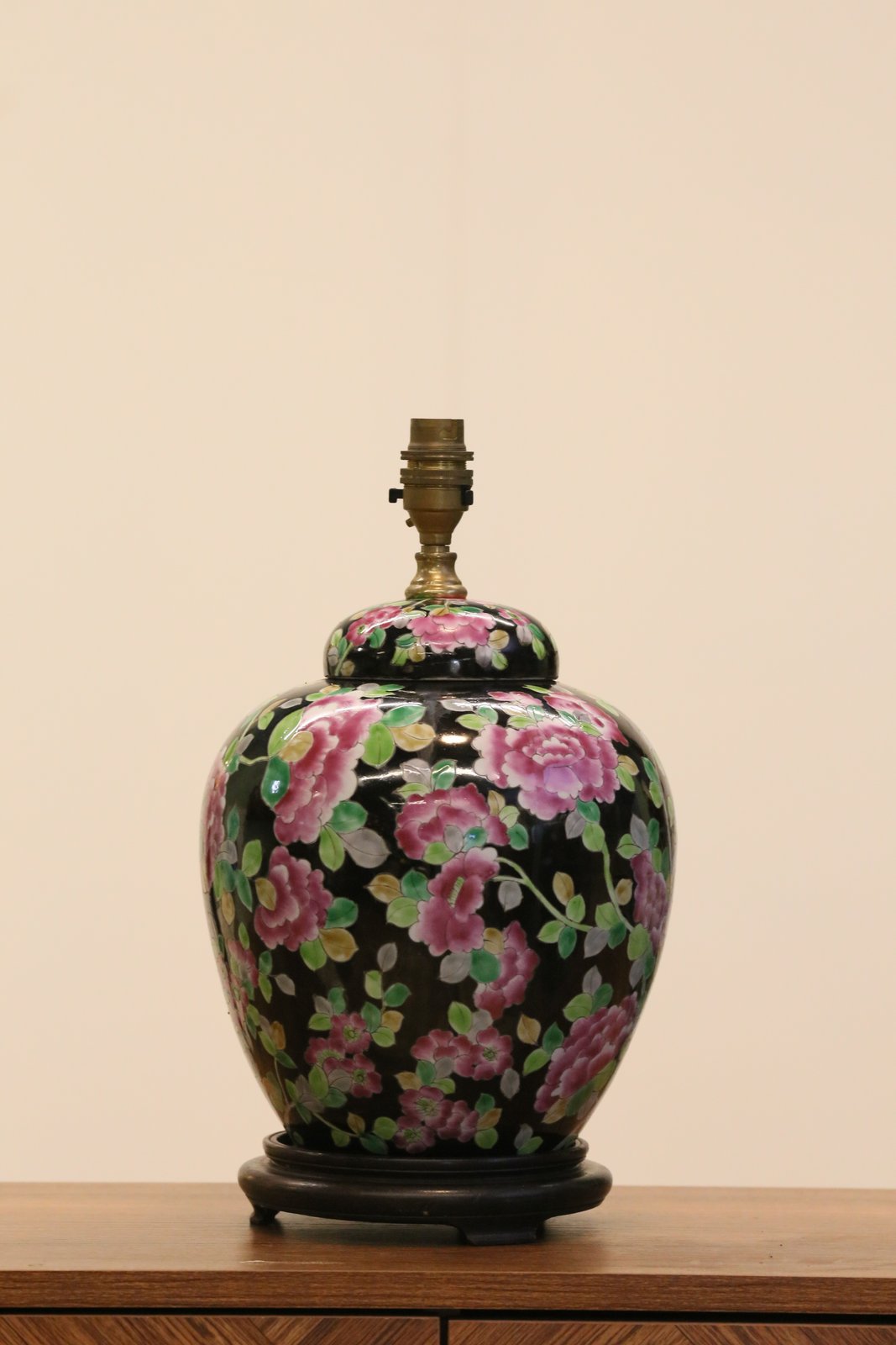 Chinese porcelain floral table lamp base, low front view