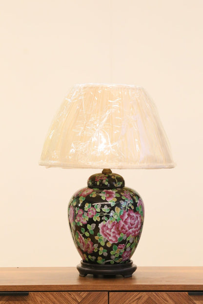 Chinese porcelain floral table lamp with cream shade, front view