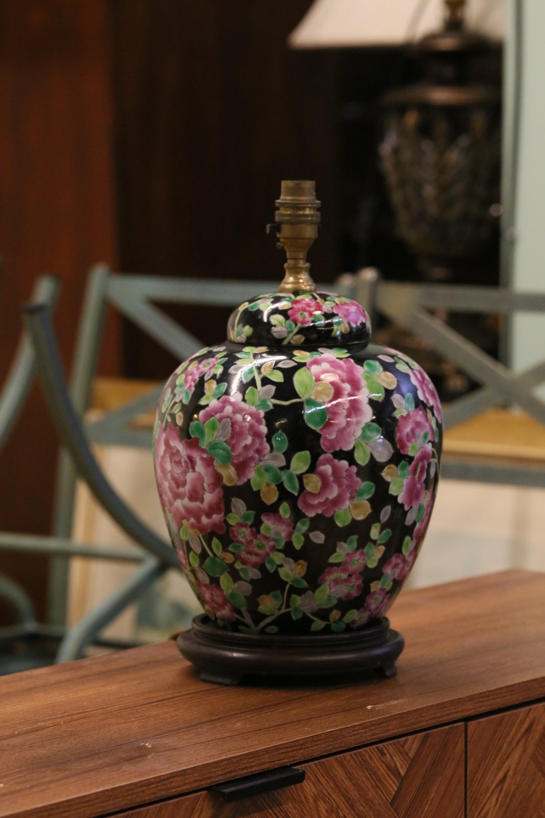 Chinese porcelain floral table lamp base, angled view in a room