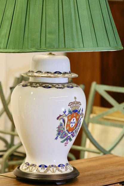 Chinese armorial porcelain table lamp with green pleated shade
