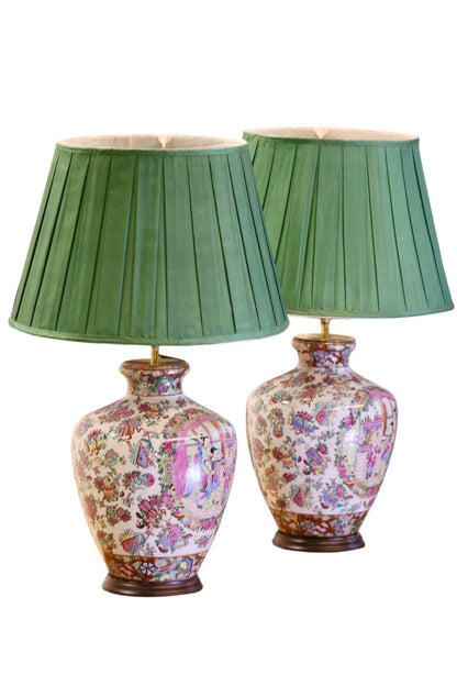 Pair of famille rose porcelain lamps with green pleated shades