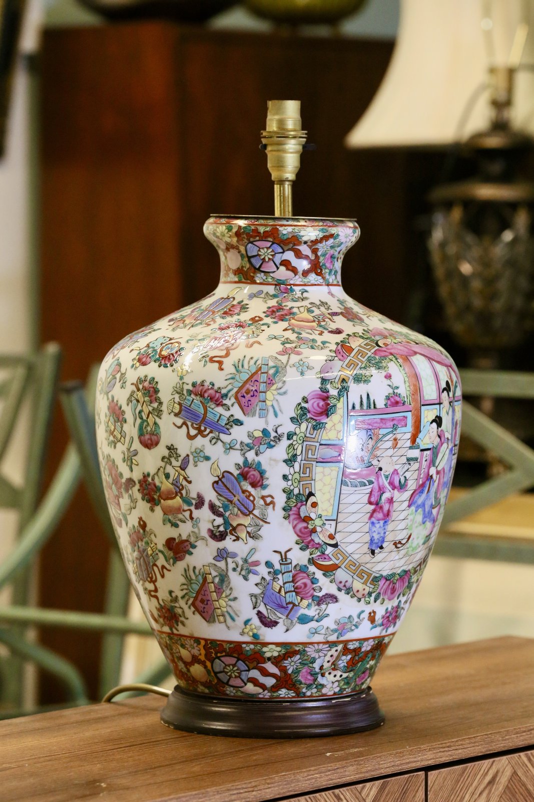 Chinese famille rose porcelain table lamp base, side view showing floral decoration