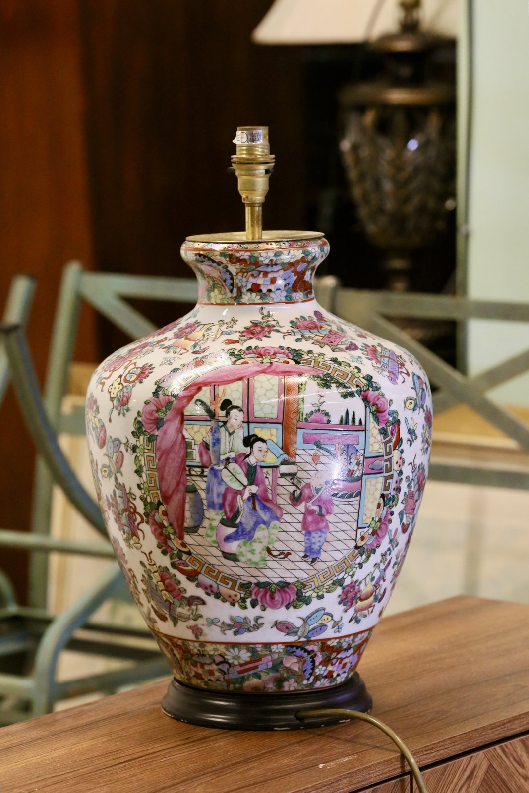 Chinese famille rose porcelain table lamp base, three-quarter view