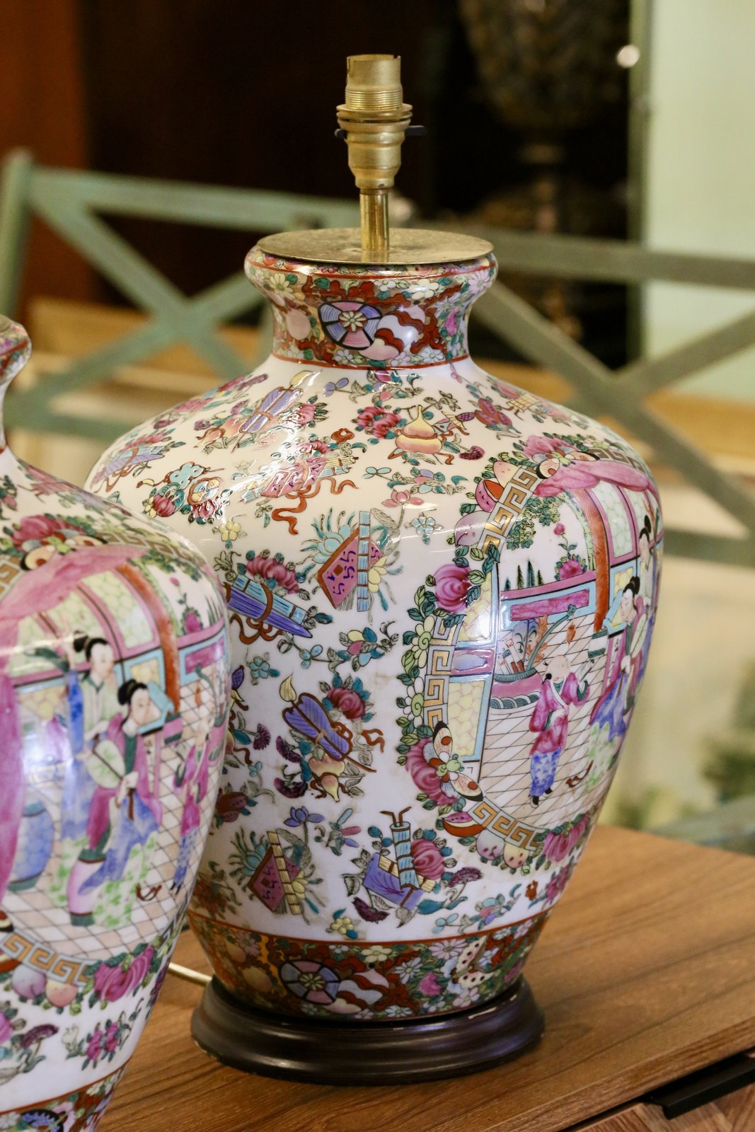 Famille rose porcelain lamp base, angled view
