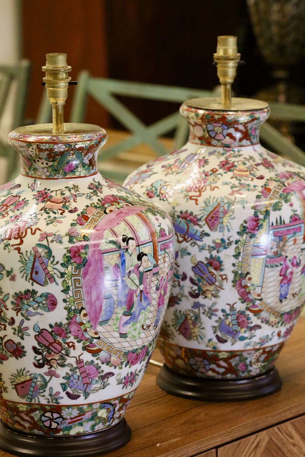 Pair of famille rose porcelain lamp bases side by side