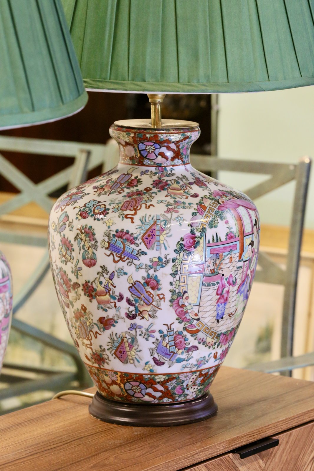 Chinese famille rose porcelain table lamp with green shade, angled view