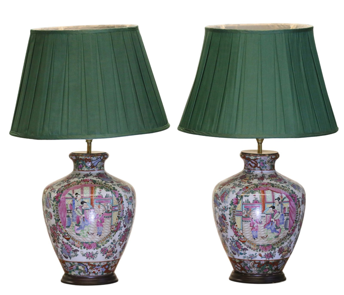 Pair of famille rose porcelain table lamps with green shades, studio view
