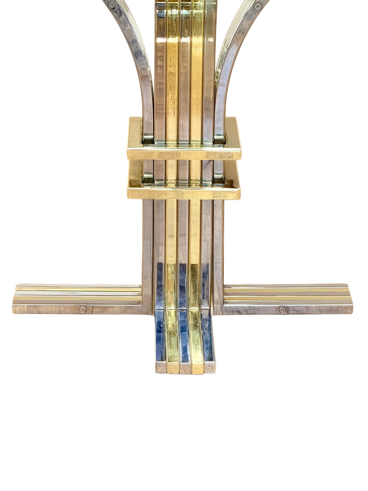 Close-up of chrome and brass banded pedestal and cross base, Renato Zevi table