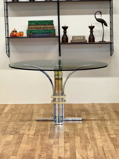 Renato Zevi chrome and brass glass centre table, front view in a room