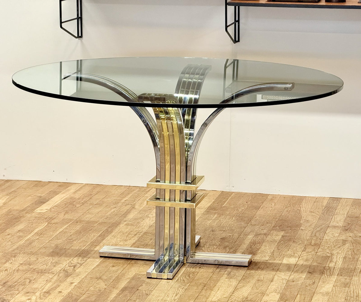 Renato Zevi chrome and brass glass centre table, low view of glass top and pedestal