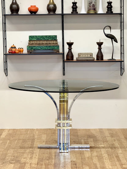 Renato Zevi chrome and brass glass centre table below wall shelving, full view