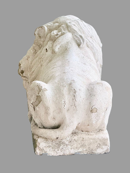 Rear view of Cast stone lion after Canova on plinth base