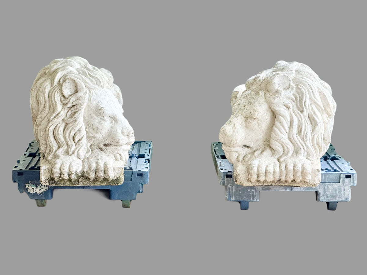 Pair of painted cast stone lions after Canova, heads facing front