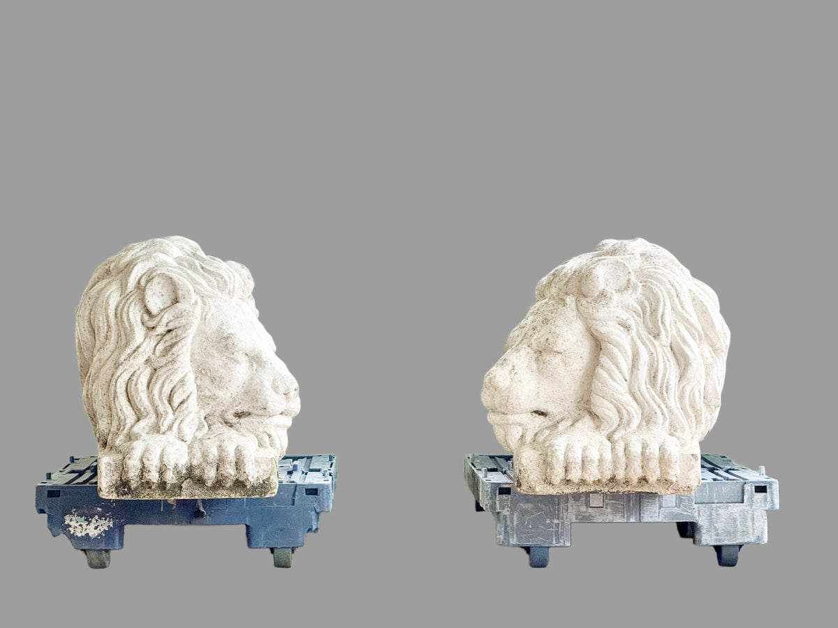 Pair of painted cast stone lions after Canova, front view, smaller scale