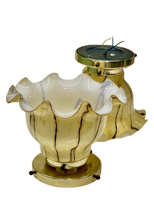 Pair of vintage 1970s Peill & Putzler ruffled amber and white glass ceiling or wall lights with brown veining, brass mounts