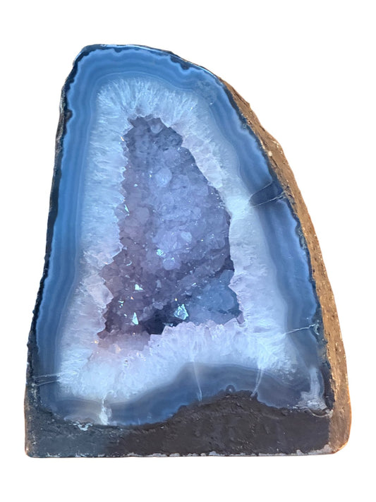 Brazilian amethyst cathedral geode with purple crystal cavity and blue agate border, 20th century