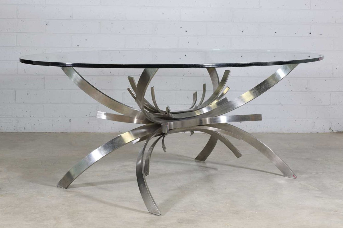 Maria Pergay Gerbe dining table, rare horizontal variation, France c.1970, stainless steel ribbon base with oval glass top
