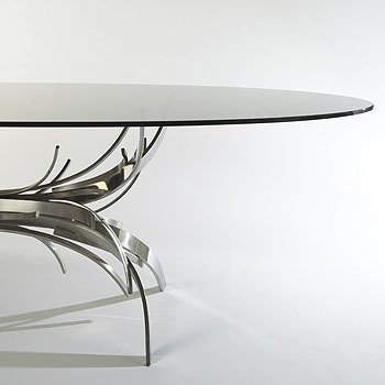 Maria Pergay Gerbe table, glass top edge and steel base on white background