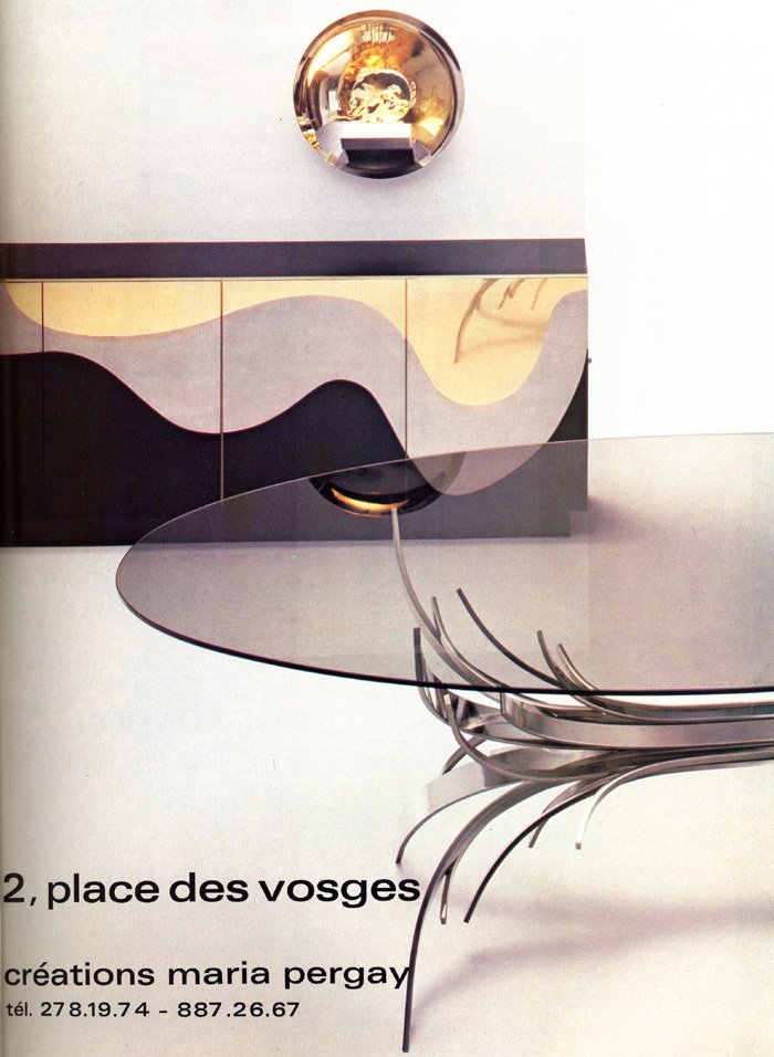 Vintage Maria Pergay advertisement showing a Gerbe table, place des Vosges