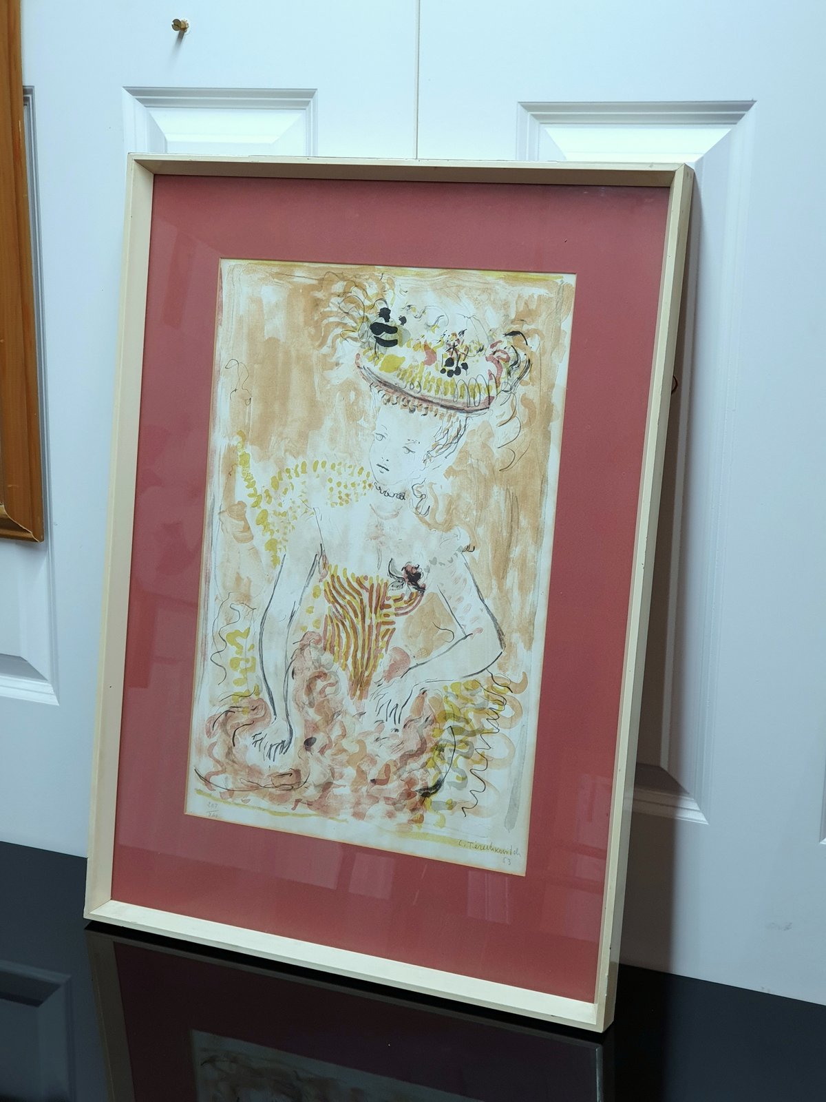 Constantin Terechkovitch signed limited edition chromolithograph of a young lady in a flowered hat, framed on red mount