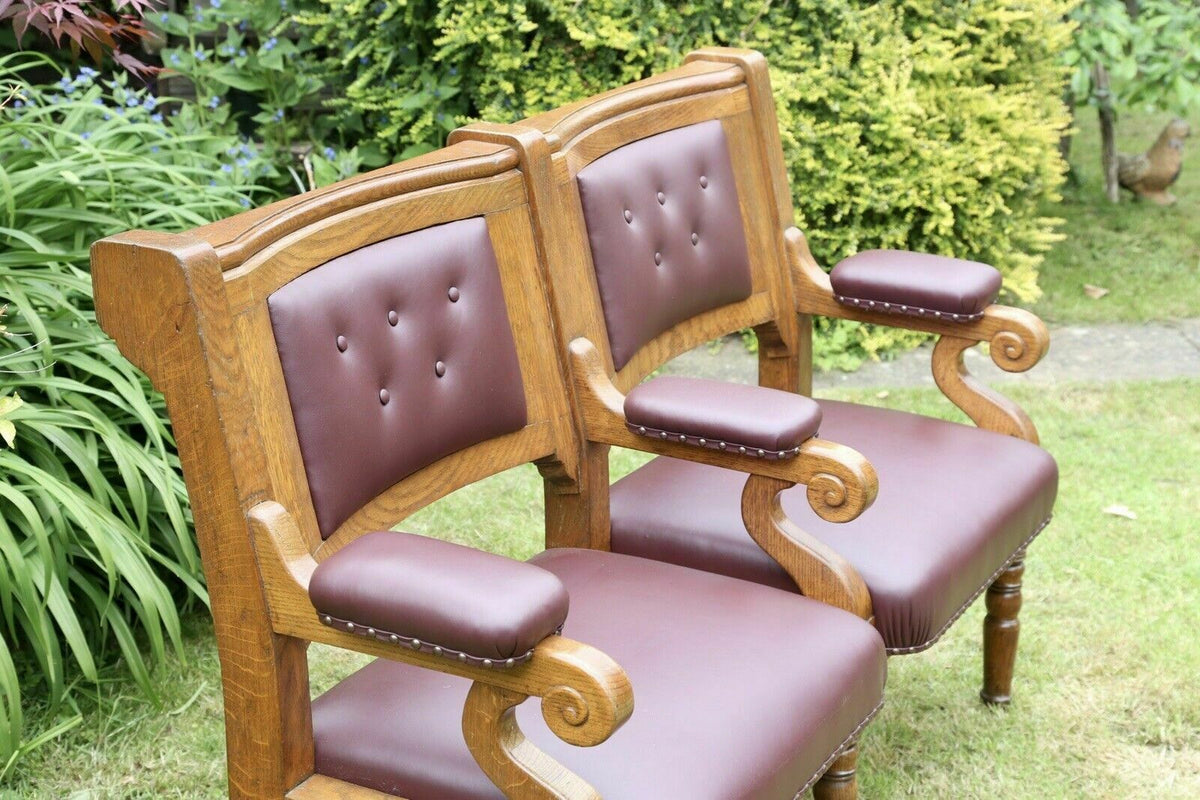 Islington Town Hall oak and burgundy leather bench, angled close view