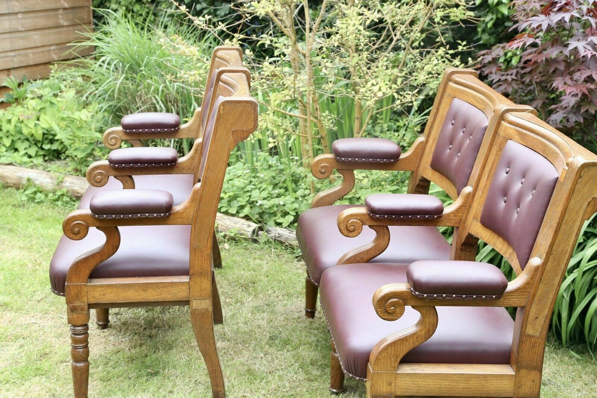 Side view of Islington Town Hall oak benches showing scroll arms