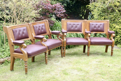 Pair of Islington Town Hall Victorian oak benches in a garden (sold separately)