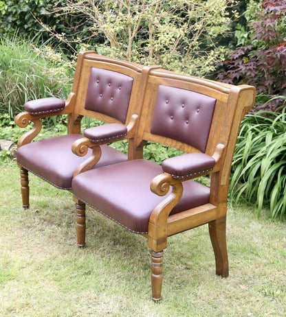 Islington Town Hall oak and burgundy leather bench, three-quarter view