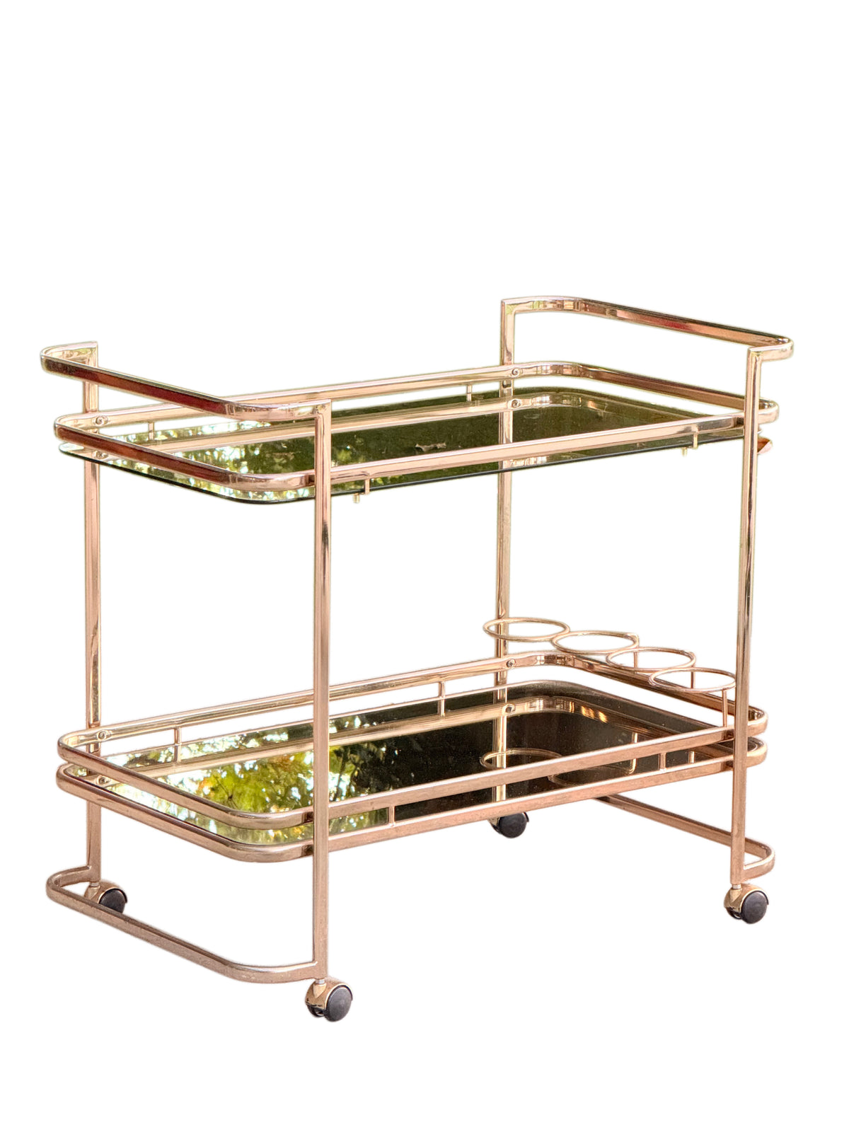 Italian two-tier gilt brass drinks trolley with smoked glass and mirror trays, attributed to Morex
