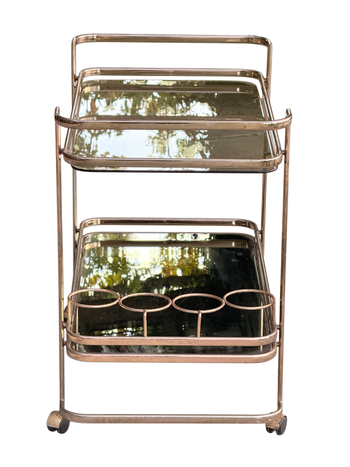 End view of the drinks trolley showing the galleried smoked glass and mirror trays