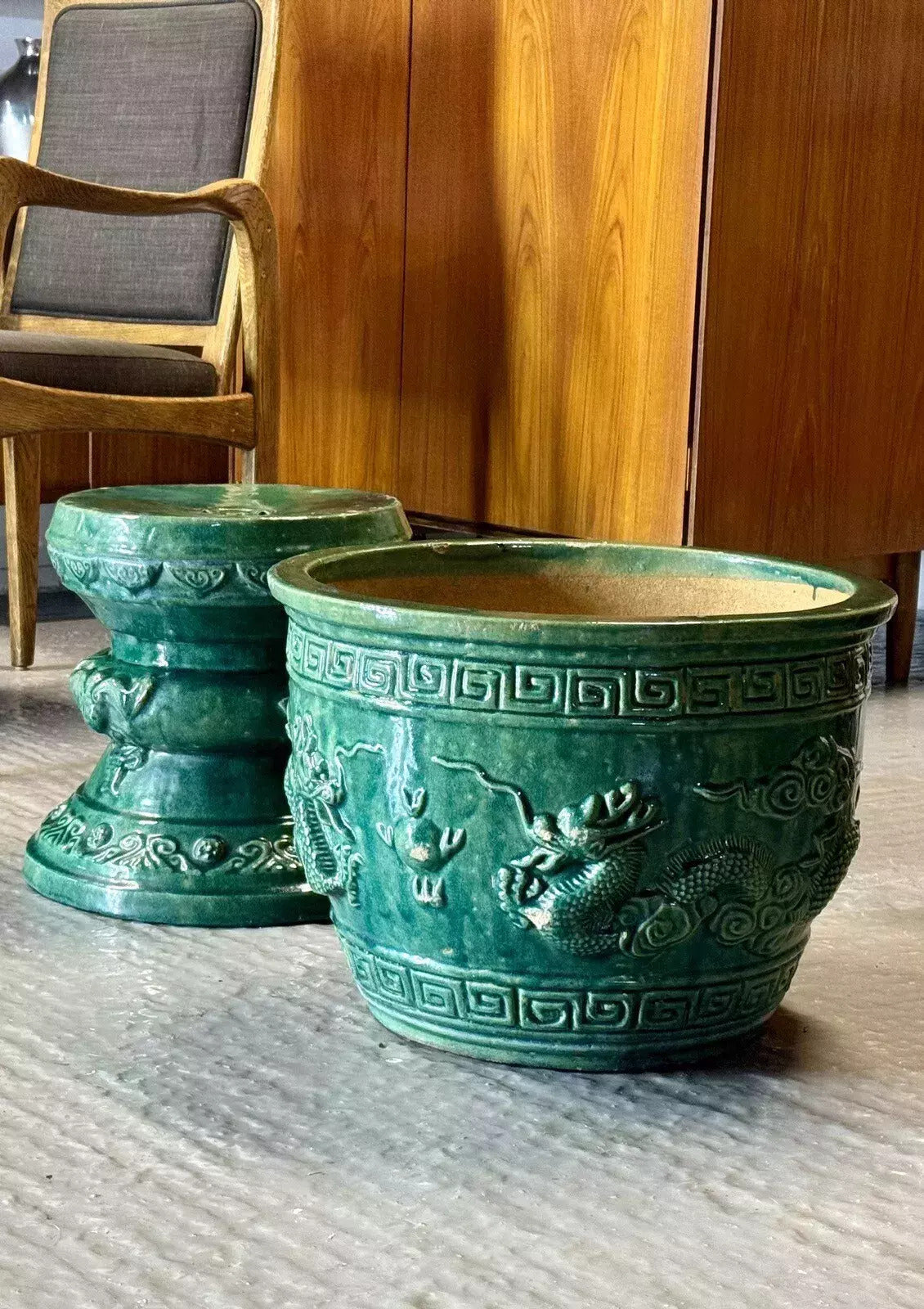 Green glazed jardinière bowl and pedestal stand side by side