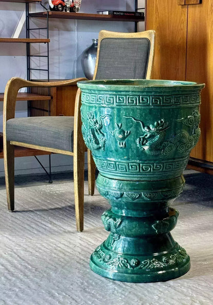 Chinese green dragon glazed jardinière on pedestal, front view