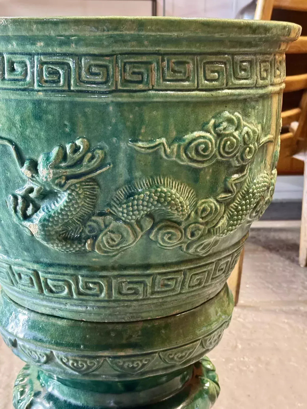 Close-up of relief dragon and cloud scrolls, Chinese jardinière