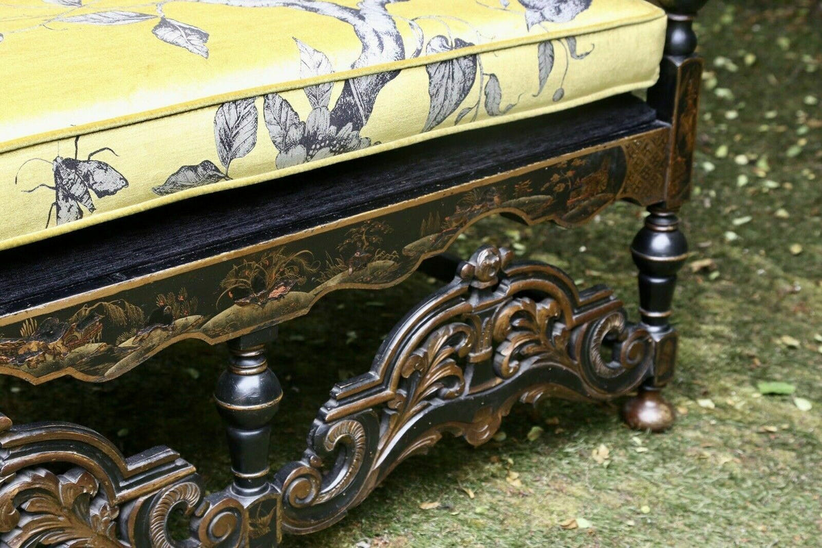Close-up of carved scroll stretcher and turned legs, chinoiserie sofa
