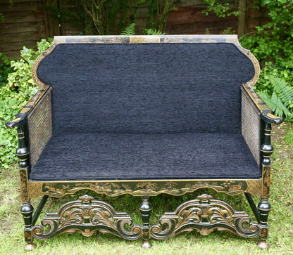 Liberty of London style chinoiserie 2 seater sofa, front view with dark cushions
