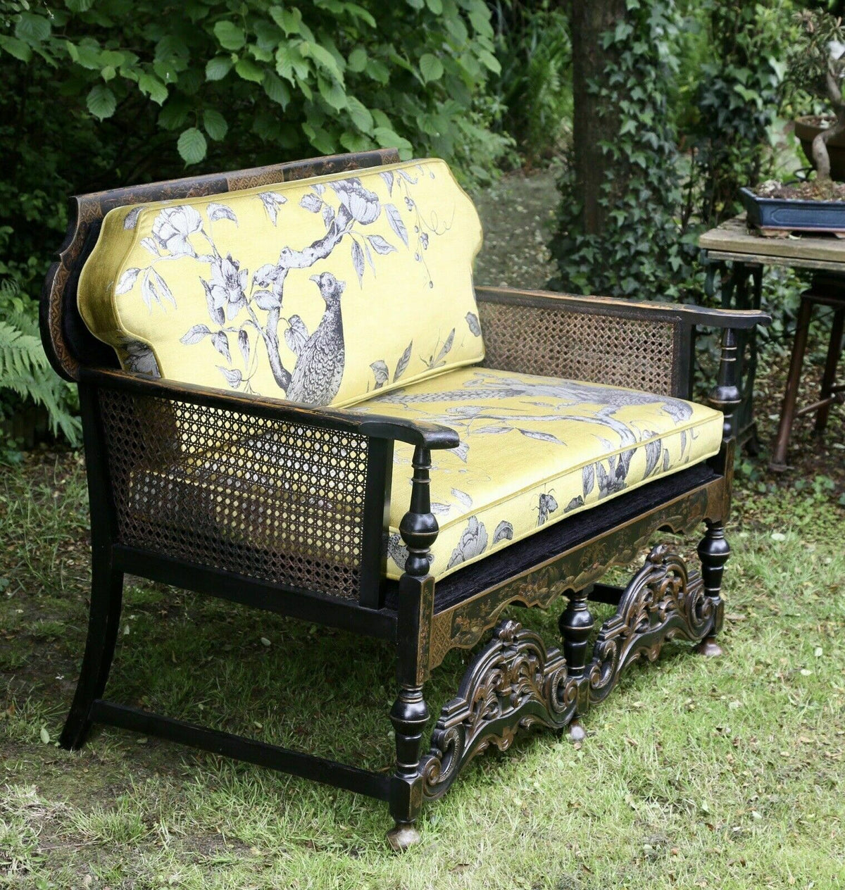Liberty of London style chinoiserie 2 seater sofa, three-quarter view from the left