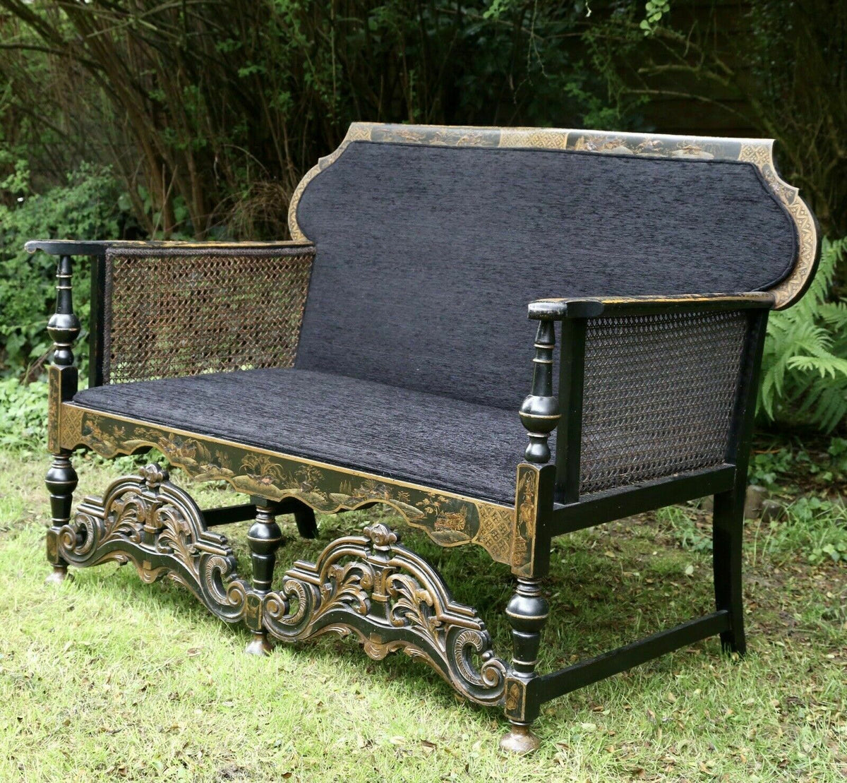 Liberty of London style chinoiserie 2 seater sofa with reversible dark seat and back cushions