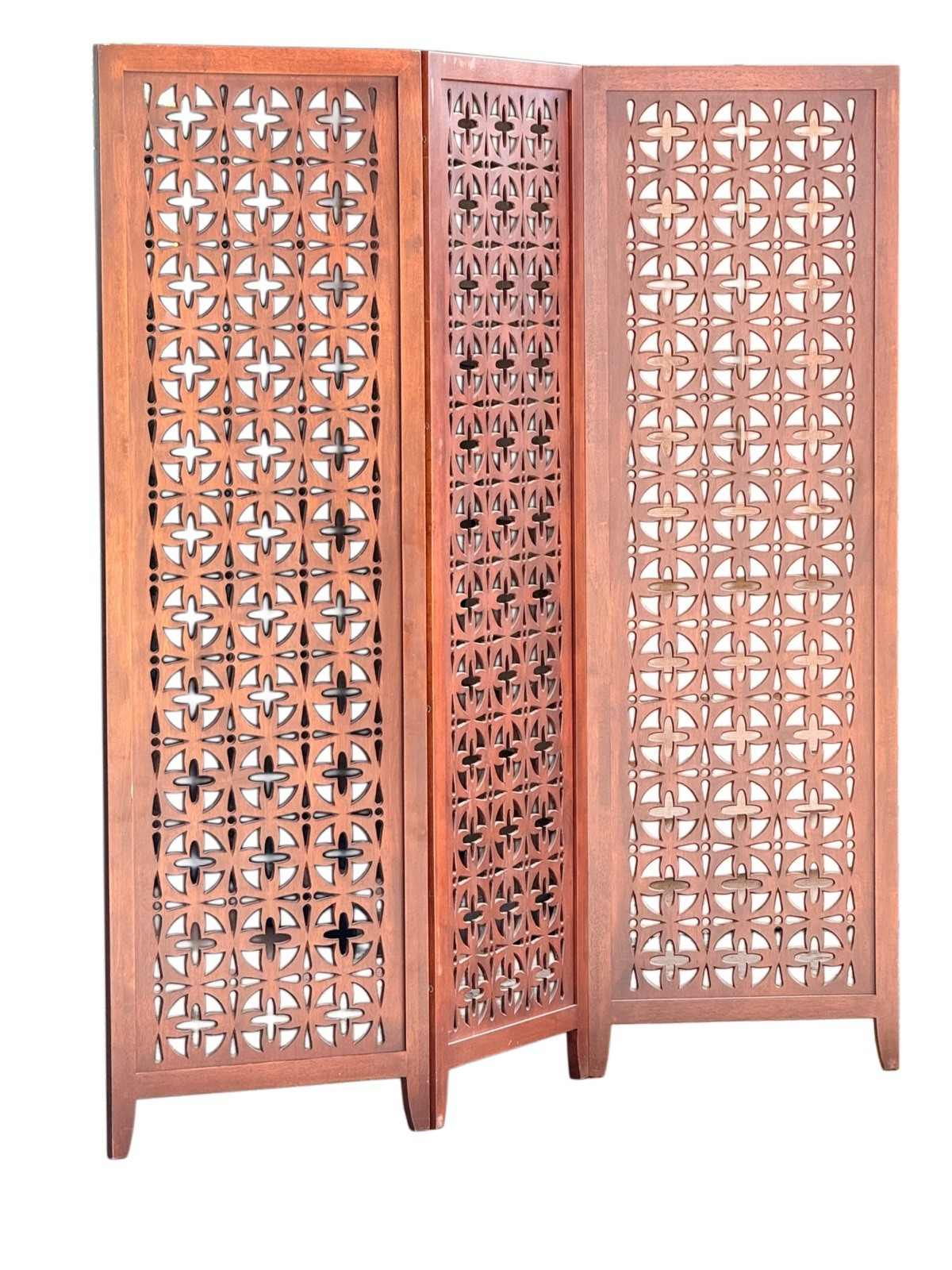 Mid-century solid teak three-panel pierced screen, angled view