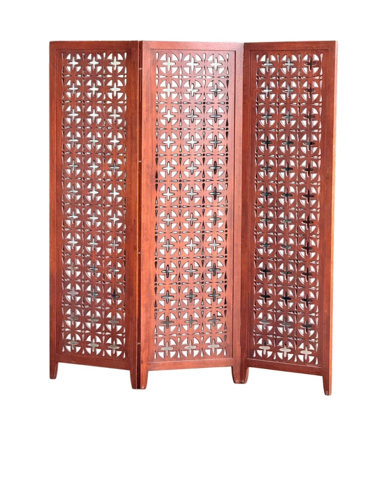 Mid-century solid teak three-panel pierced screen, front view
