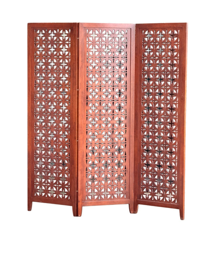 Mid-century solid teak three-panel pierced screen, front view