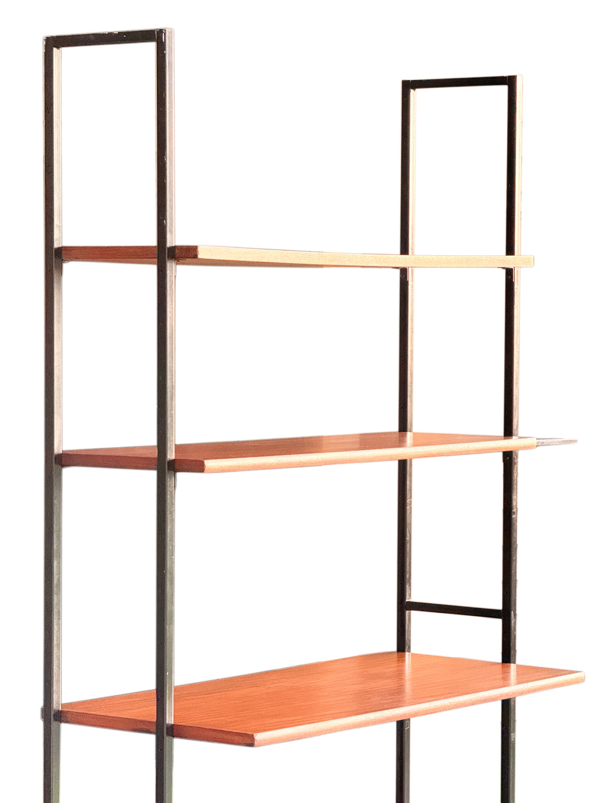 Three teak shelves on black steel ladder frames with open rectangular tops and cross rungs
