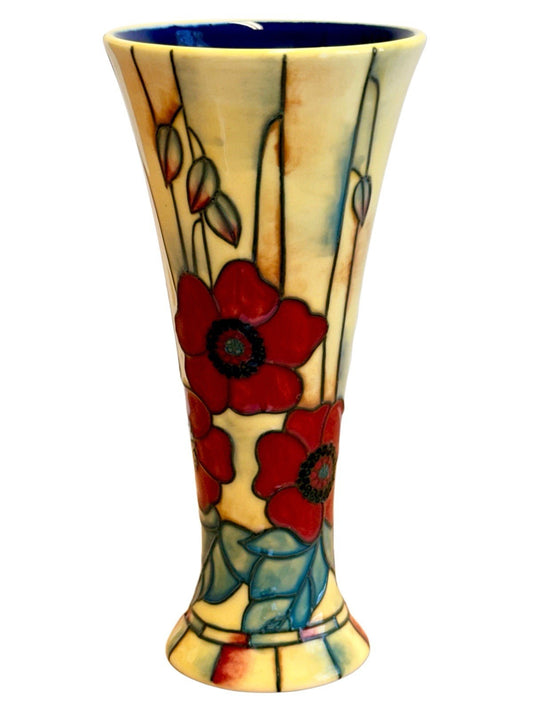 Old Tupton Ware poppy vase, Art Nouveau style hand-painted red poppies on cream ground with blue interior, 20cm