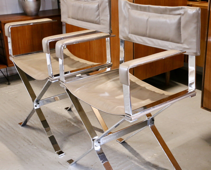Close-up of chrome arms and taupe leather back, Albrizzi director's chair