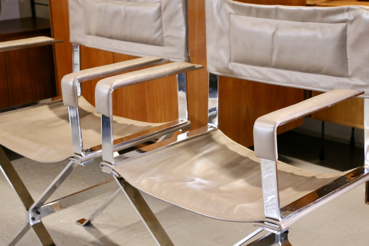 Close-up of leather seat and chrome armrest, Albrizzi chair