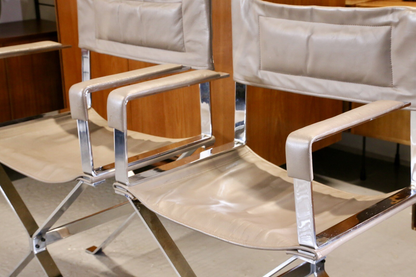 Close-up of leather seat and chrome armrest, Albrizzi chair