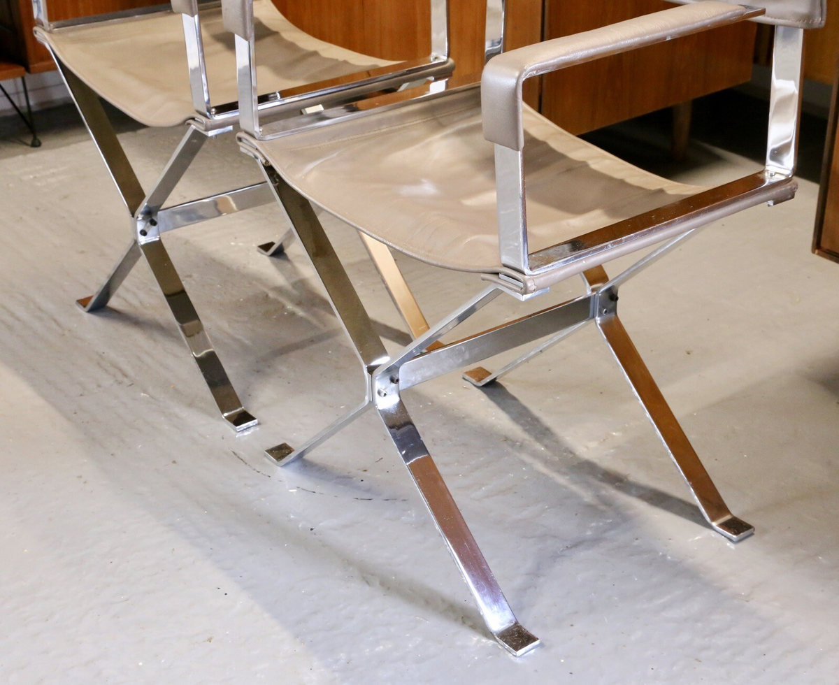 Close-up of chrome X-frame and leather sling seat, Albrizzi chair