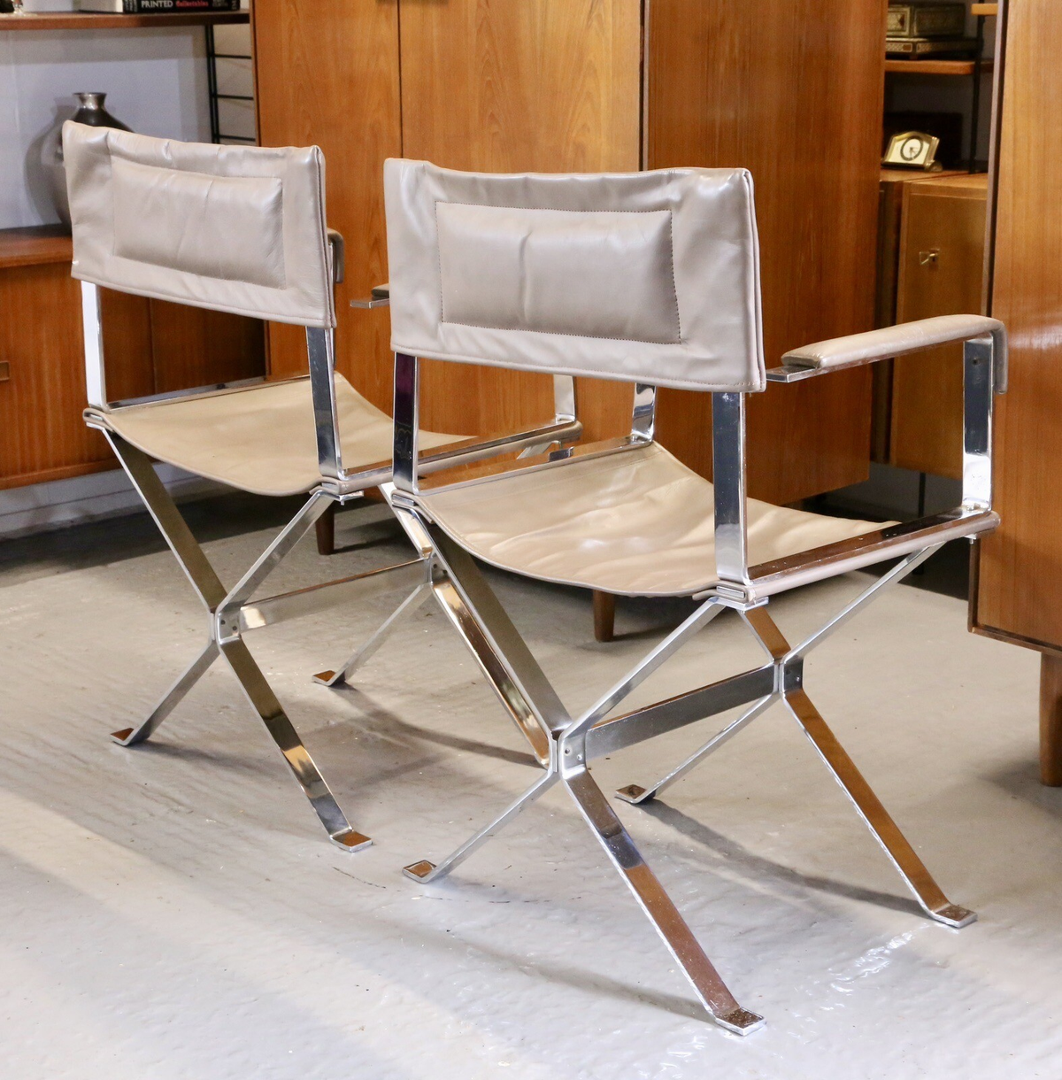Alessandro Albrizzi chrome and leather director's armchairs, angled side view