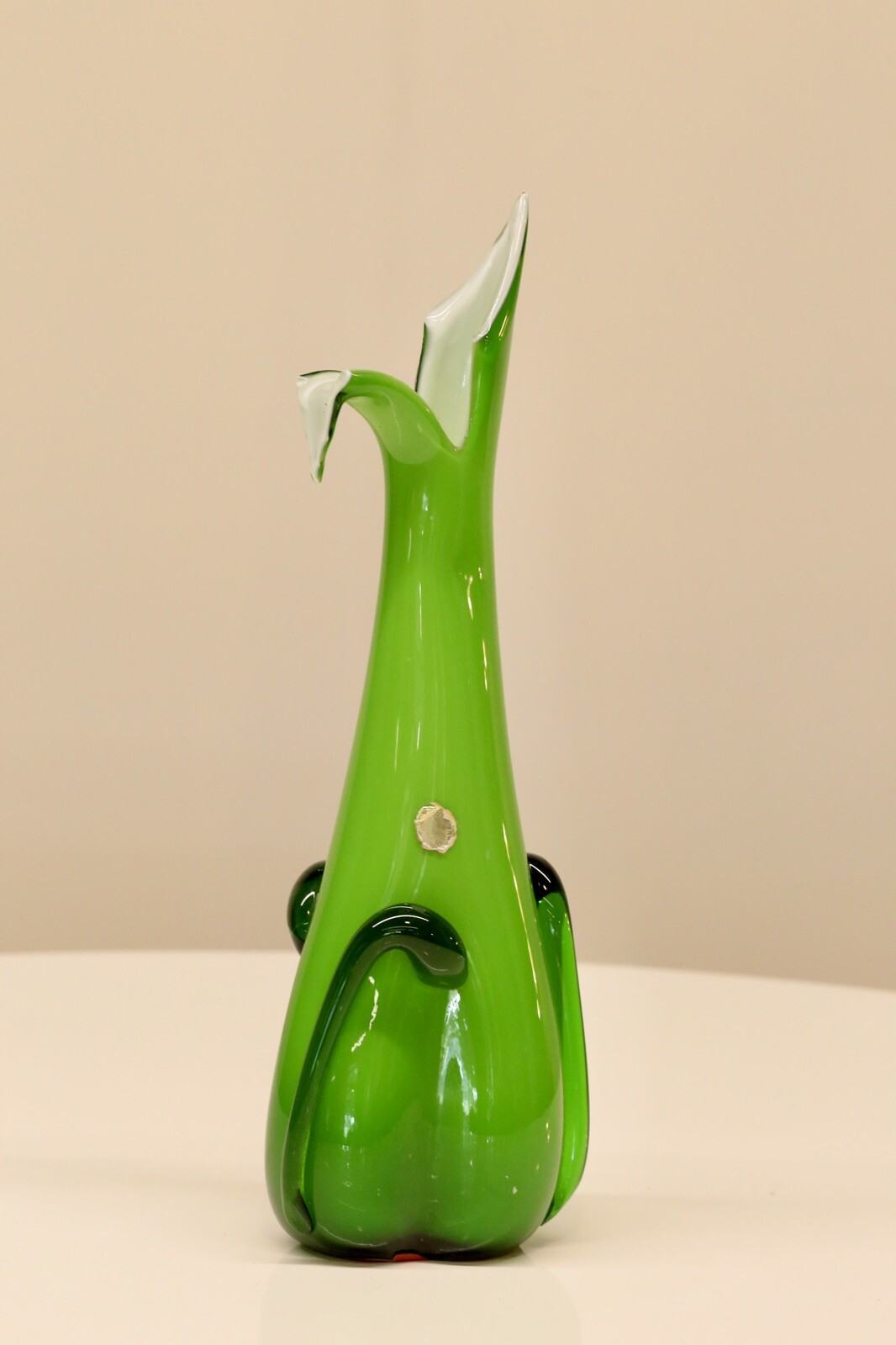 Empoli green glass vase with folded trails, front view