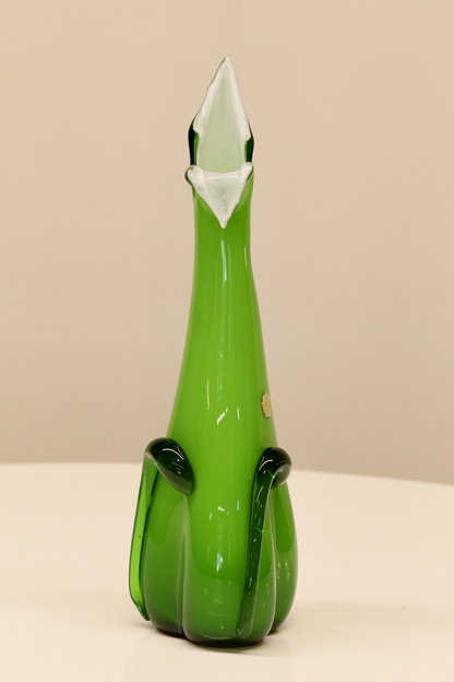 Close-up of the white cased lip on the Empoli green glass vase