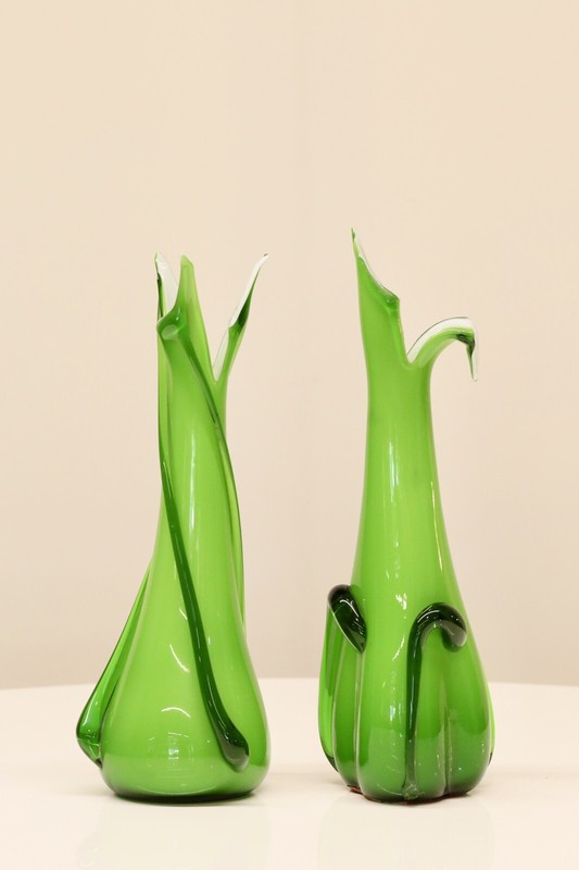 Pair of Italian Empoli green art glass vases by Cristalleria Fratelli Betti / Alrose with white cased interiors